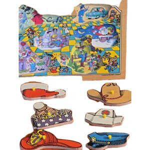 Vintage Fisher Price Hats Wooden Puzzle Yellow Peg 6 Pieces Children's Nostalgic